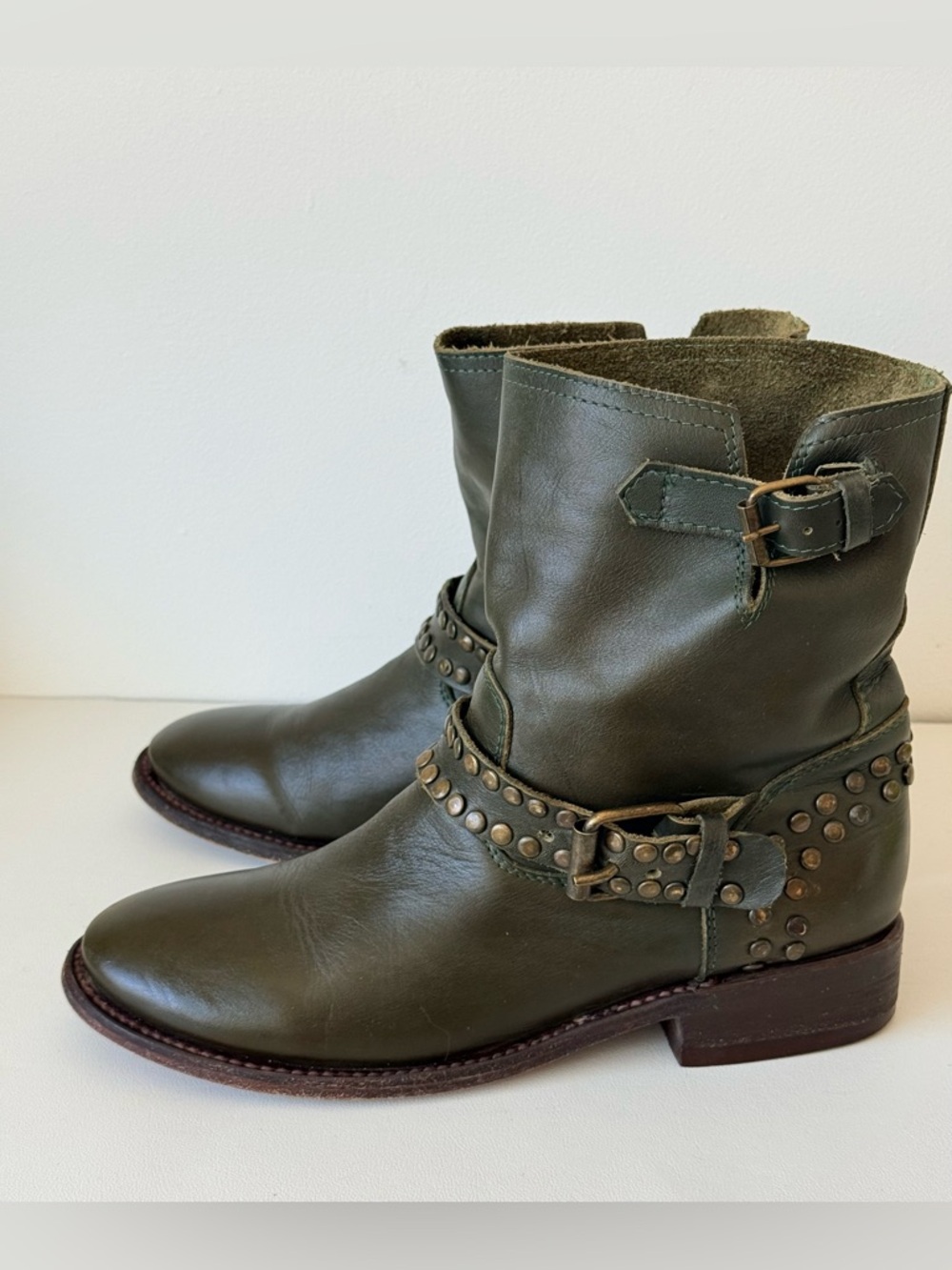 Talula de la Lune Handmade Leather Studded Ankle Boots Boho Moto Green Festival